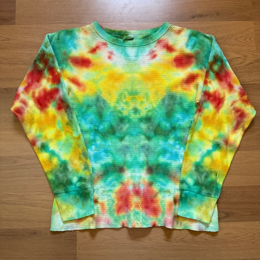 Vintage 90's B.V.D Tie Dye Thermal Waffle Knit Long Johns Sleeve Shirt Sz Small